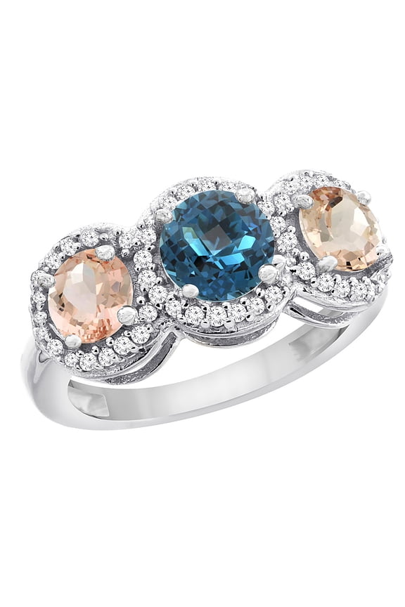 14K White Gold Natural London Blue Topaz & Morganite Sides Round 3-stone Ring Diamond Accents, size 6