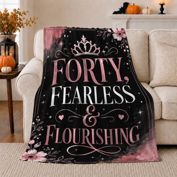 40Th Birthday Celebration Crown Typography, Cozy Friendship Quote Scene, Warm Flannel Blanket for Living Room and Reading Nook, Art Lovers Appreciation Gift, Artistic Home Decor