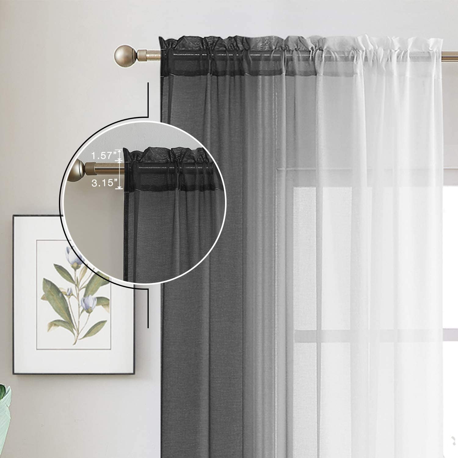 Reversible Sheer Window Curtains Voile Rod Pocket Gradient Ombre Drap Room Decor 