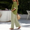 thumbnail image 4 of Maqroz Women 2 Piece Outfits Sets Summer Striped Print Short Sleeve V Neck Top and Striped Pants Set Elastic Waist Pockets Casual Vacation Sets Green M, 4 of 7