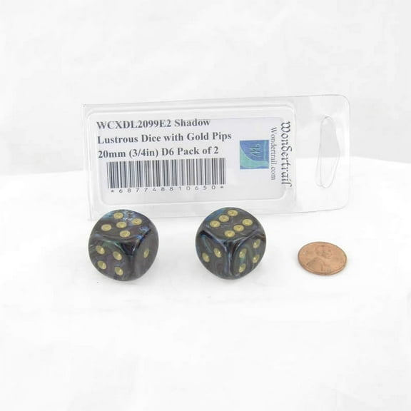 Shadow Lustrous Dice with Gold Pips 20mm (3/4in) D6 Pack of 2 Wondertrail