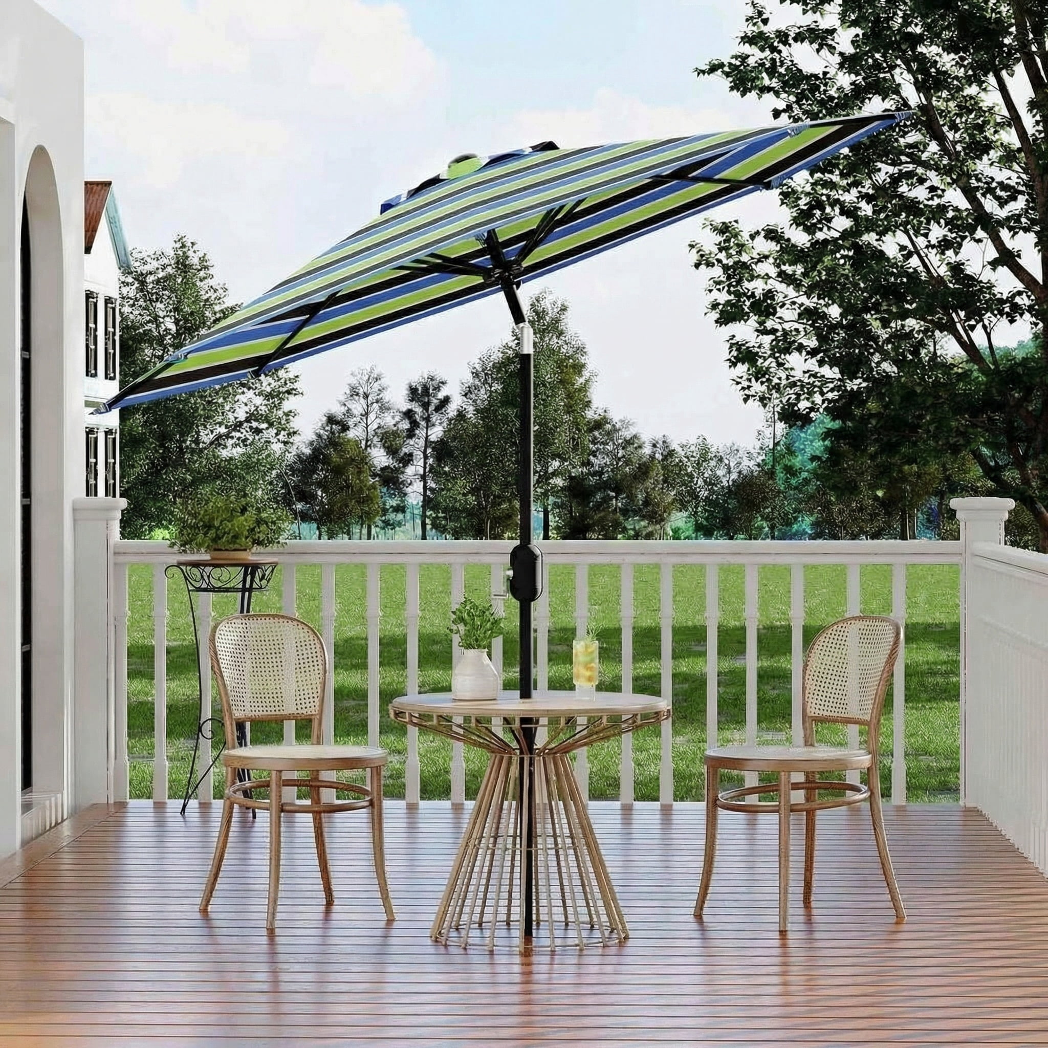 9FT Outdoor Patio Umbrella,Table Market Umbrella with Push Button Tilt and Crank,Tricolor Stripe