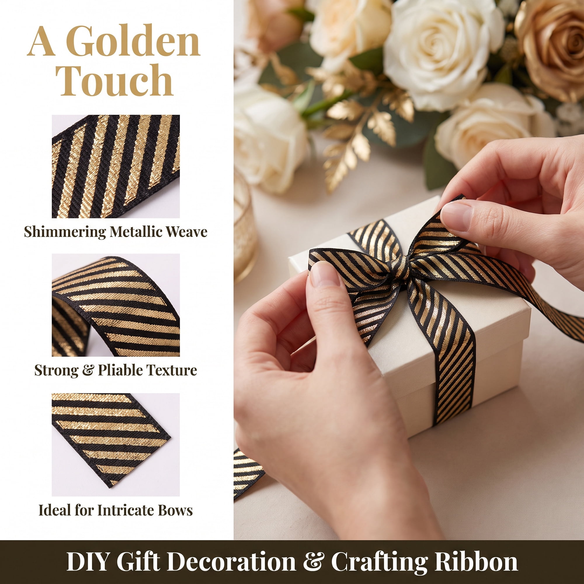 Unique Bargains Elegant Star Pattern Fabric Ribbon for Creative Presentations Gold Stripe