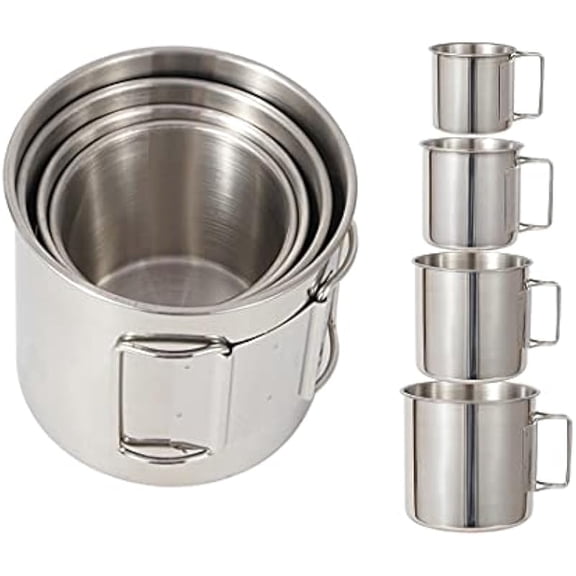 Set of 4 Nestable Stainless Steel Camping Mugs, Stackable Cups with Foldable Handles (7/8/9/10cm)