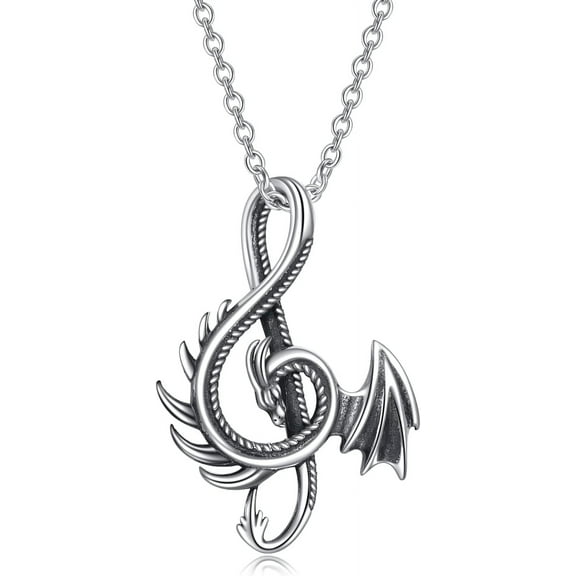 Leander Dragon Necklace, Silver Musical Note Pendant Chain, Vintage Gift for Men and Women