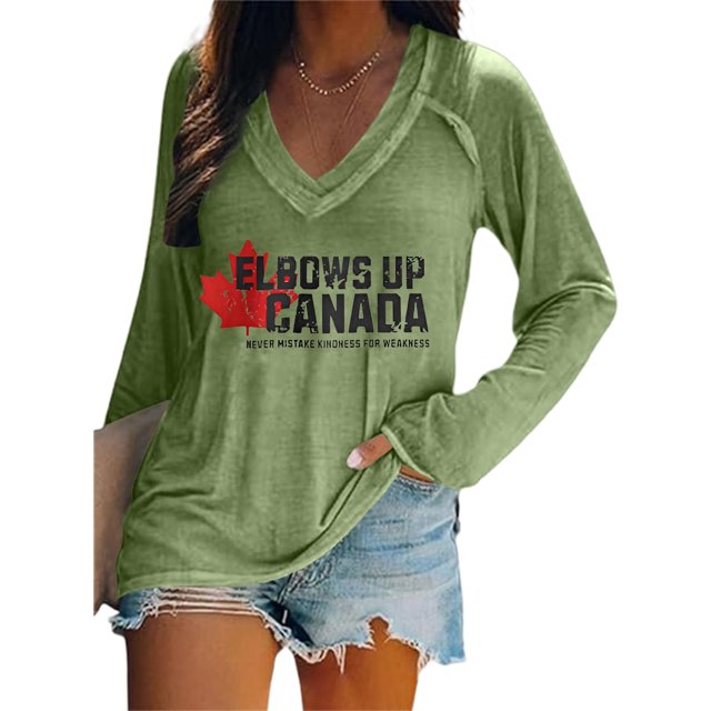 MHFRRA Camiseta de Manga Larga con Cuello En V y Estampado de La Bandera de Canadá para Mujer Verde