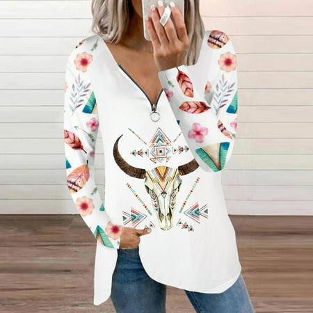

Zedker Tops for Women Casual Fall Winter Shirts for Women Fashion Women Casual Print V-Neck Long Sleeve Loose T-Shirt Autumn Blouse Pullover Tops
