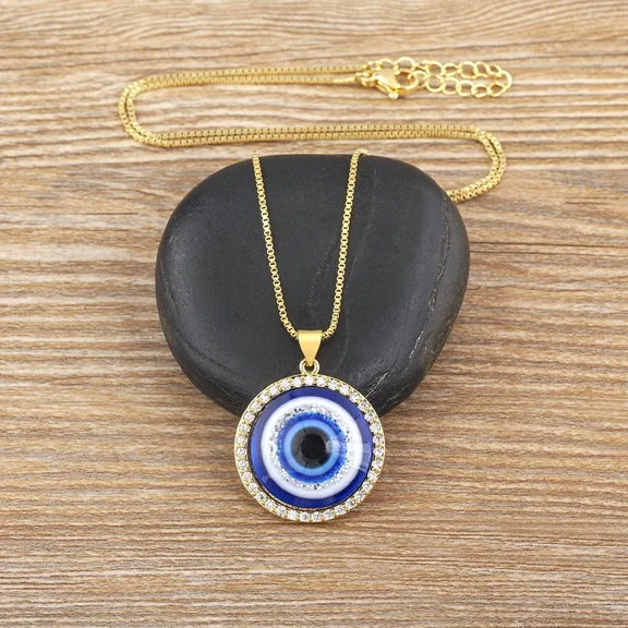 Round Blue Evil Eye 14K Yellow Gold Crystal Pendant Women Zircon Necklace Turkish Lucky Choker Chain Jewelry Charm Gift