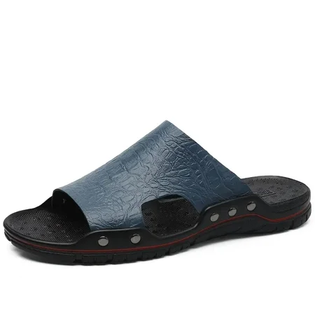 

Men‘s Leather Massage Slides Fashion Casual Lightweight Slippers Crocodile Print Non-slip Sandals Cushioned Comfortable Open Toe Shoes For Indoor Outdoor Beach Shower