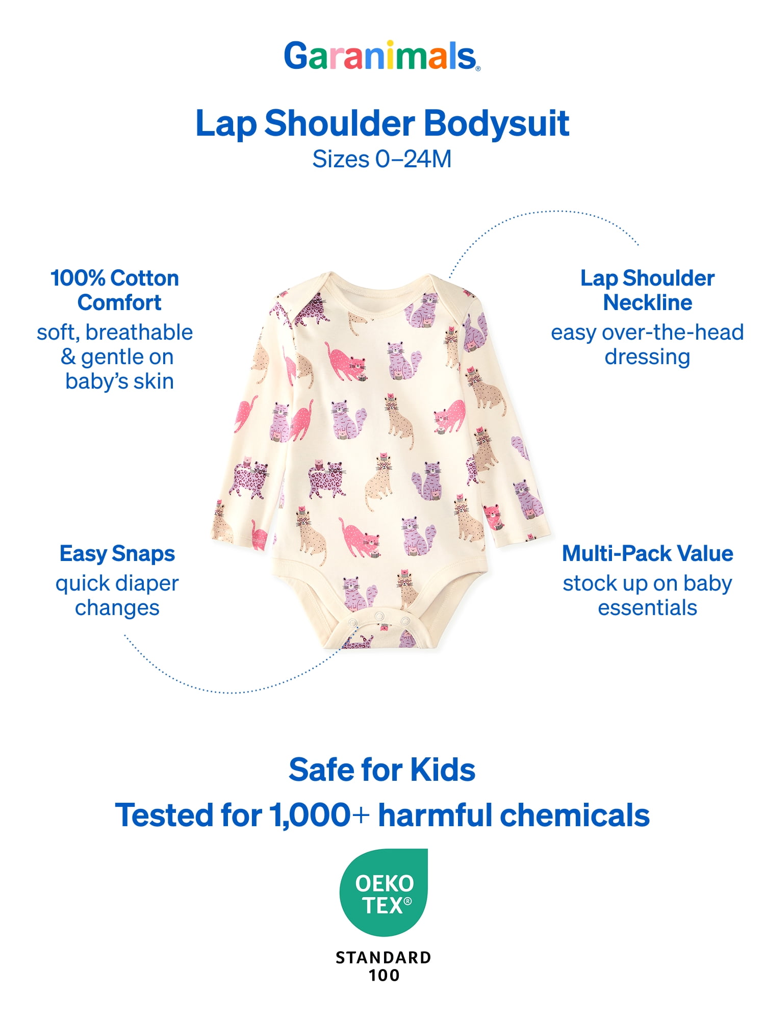 Garanimals Newborn & Baby Girl 100% Cotton Long Sleeve Bodysuits, Sizes 0–24M, 4-Pack