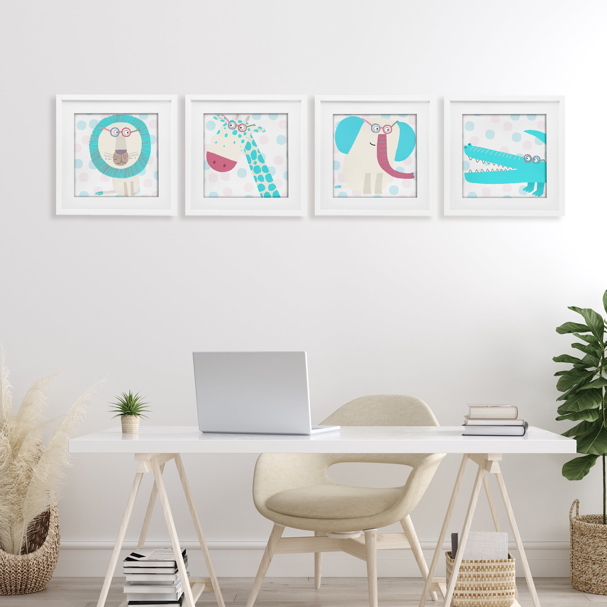 Stupell Industries Electric Blue Wild Animals 4 Piece White Framed Print Under Glass Set, design by Carla Daly