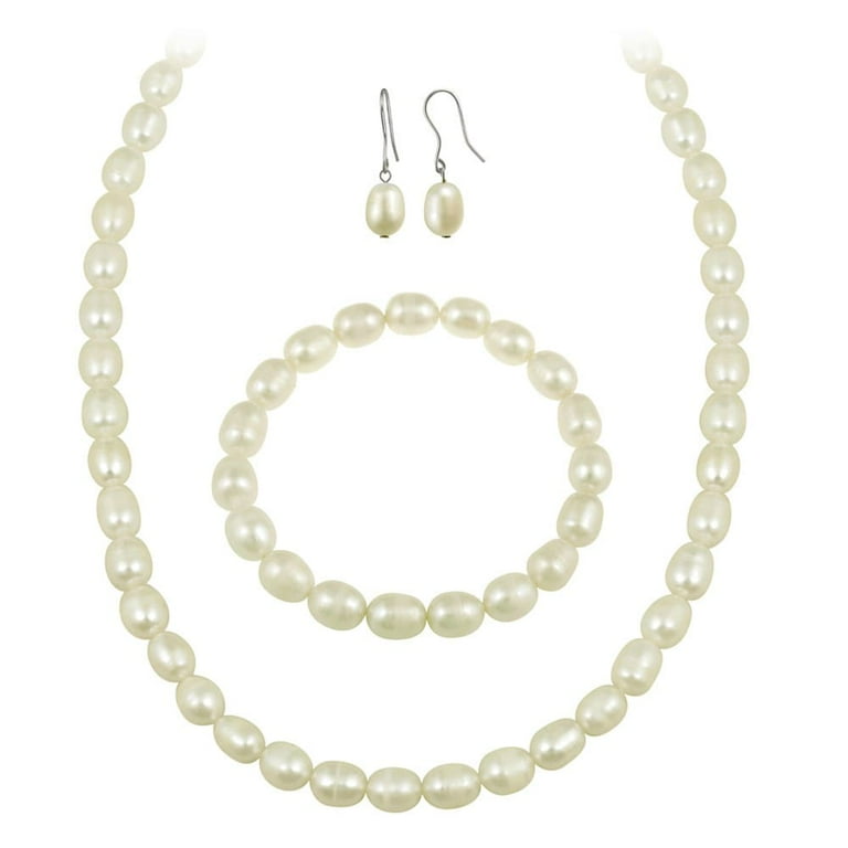 Cultured Pearl Set Necklace, Bracelet & Earrings Sterling Silver