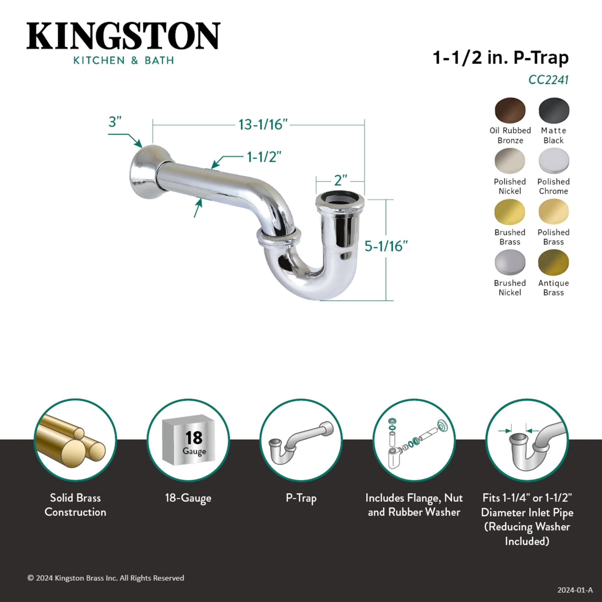Kingston Brass CC2243 1-1/4" (or 1-1/2") x 1-1/2" P-Trap with Bell Flange, 13-1/16" Length, 18 Gauge, Antique Brass