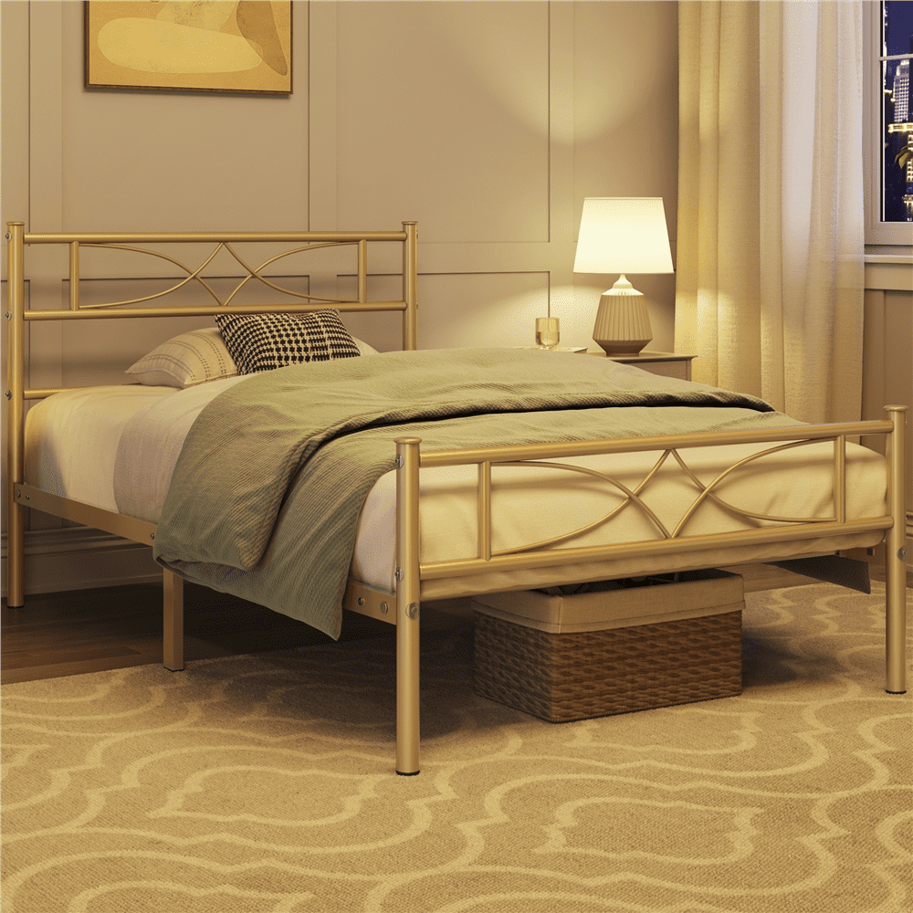 Renwick Twin Size Curved Design Metal Platform Bed, Adult, Antique Gold