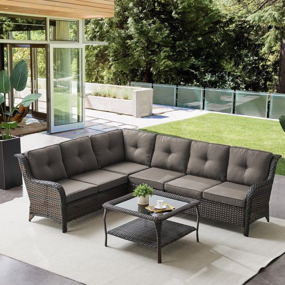 PARKWELL Outdoor Patio Furniture Set,All-Weather Conversation L-Shaped Sectional Sofa with Coffee Table and No-slip Thick Cushions,Backyard Porch Garden Poolside Balcony Set,Gray Cushions Brown Wicker