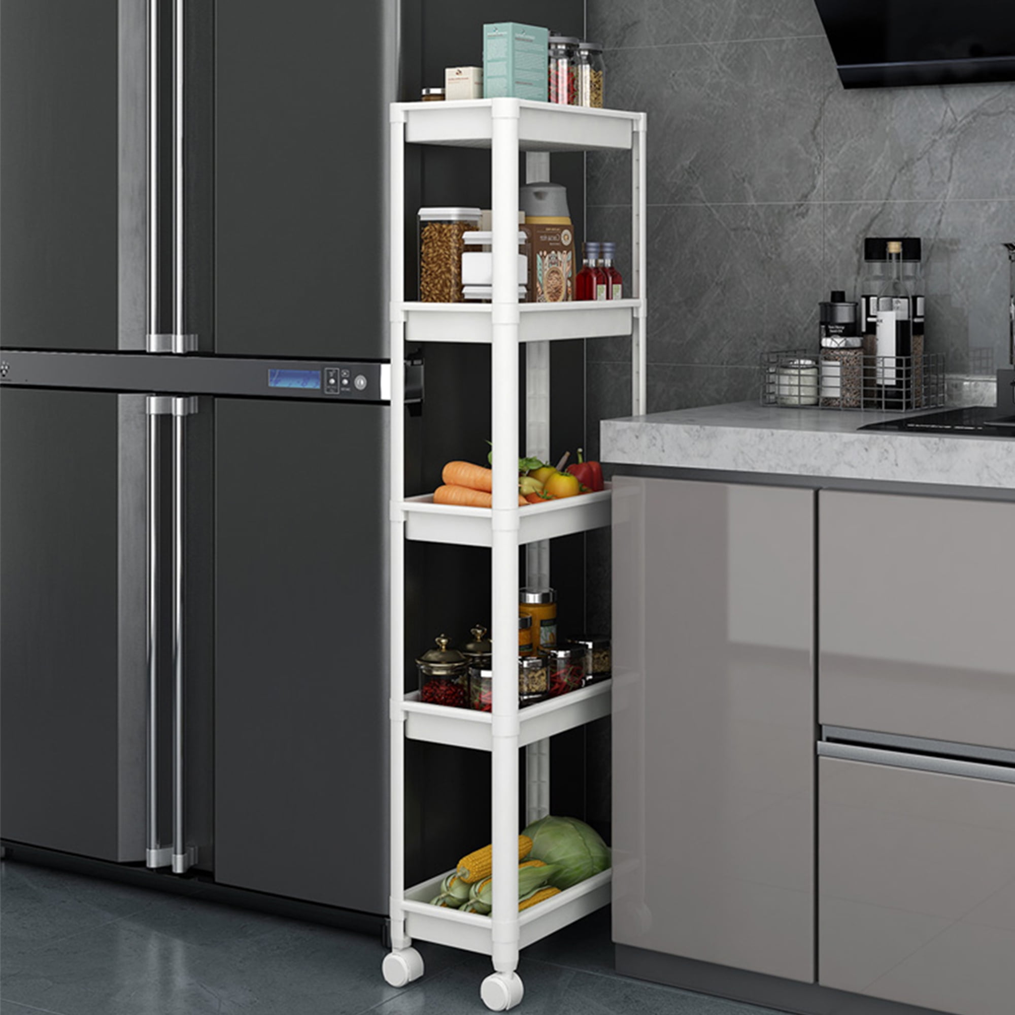 Untyo 5-Tier Slim Bathroom Storage Cart with Rolling Wheels,Kitchen Rolling Utility Cart for Narrow Space, White