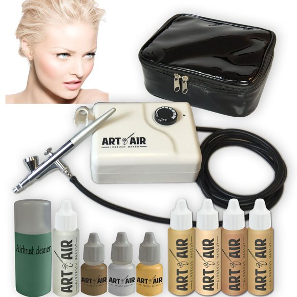 Art of Air FAIR Complexion Sistema de maquillaje cosmético con aerógrafo profesional / Juego de base de 4 piezas con rubor bronceador brillante y kit de aerógrafo de maquillaje de imprimación