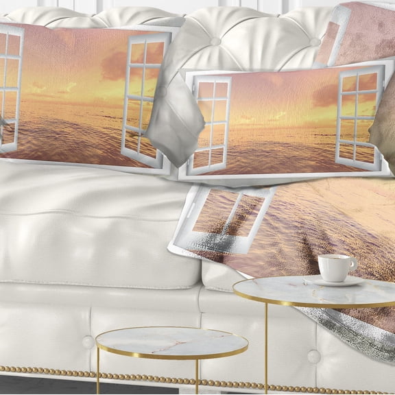 Designart Open Window to Brown Seashore - Seashore Throw Pillow - 12x20