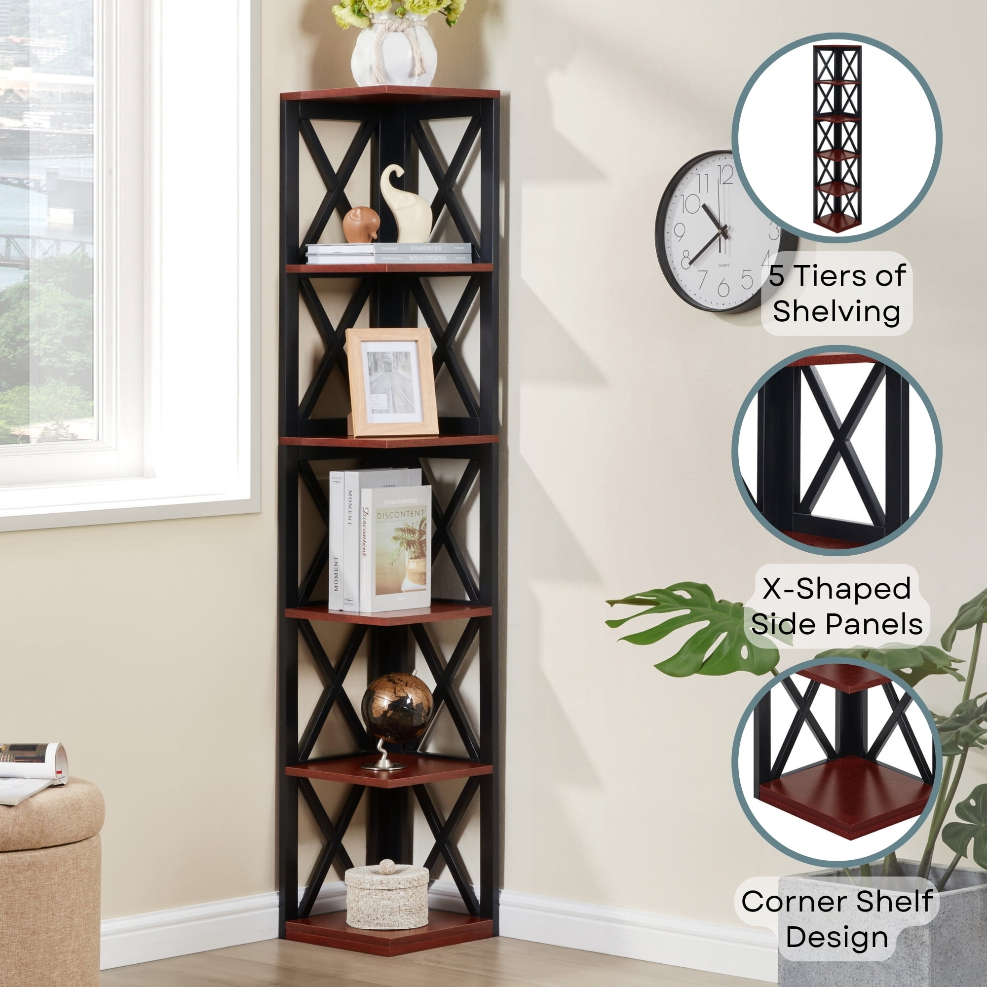 Convenience Concepts Oxford 5 Tier Corner Bookcase, Cherry and Black