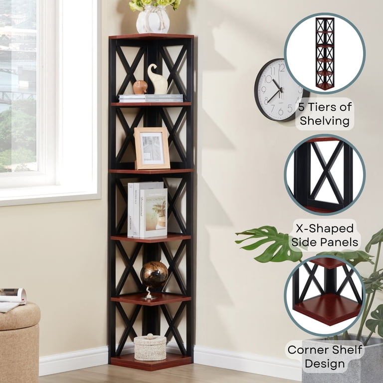 Convenience Concepts Oxford 5 Tier Corner Bookcase, Cherry/Black