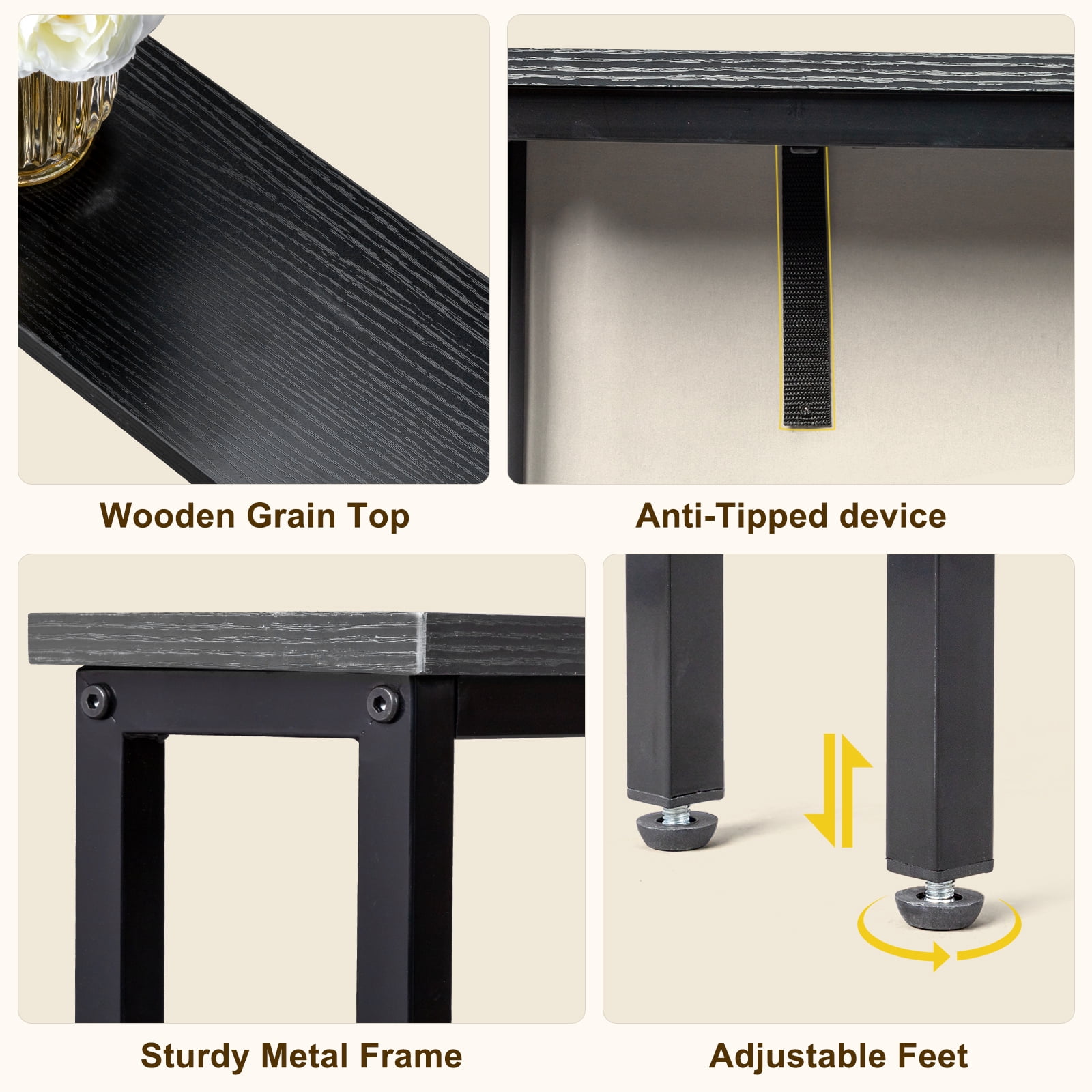 2 Pack 39.4" Narrow Console Sofa Table with Power Outlets and USB Ports, Long Couch Table with Metal Frame and Charge Station with 4.9ft Extension Cord, Black