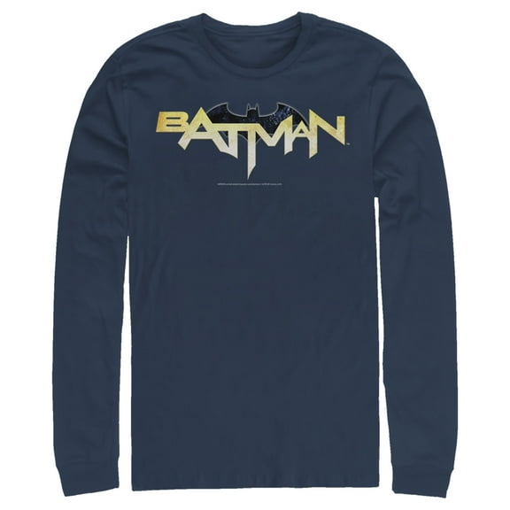 Men's Batman Logo Messy Text Long Sleeve Shirt Navy Blue Large