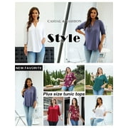 VERABENDI Women's Plus Size Tops 3/4 Sleeve Shirts Dressy Casual Metal Buckle V-Neck Tunic Blouses,M-4XL