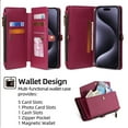 thumbnail image 2 of Dteck Wallet Bag Case for iPhone 15 Plus,Magnetic Leather Zipper Pocket Built-in Card Slots Case Shockproof Full Body Protective Kicktand Cover with Wrist/Shoulder Strap,Red, 2 of 7