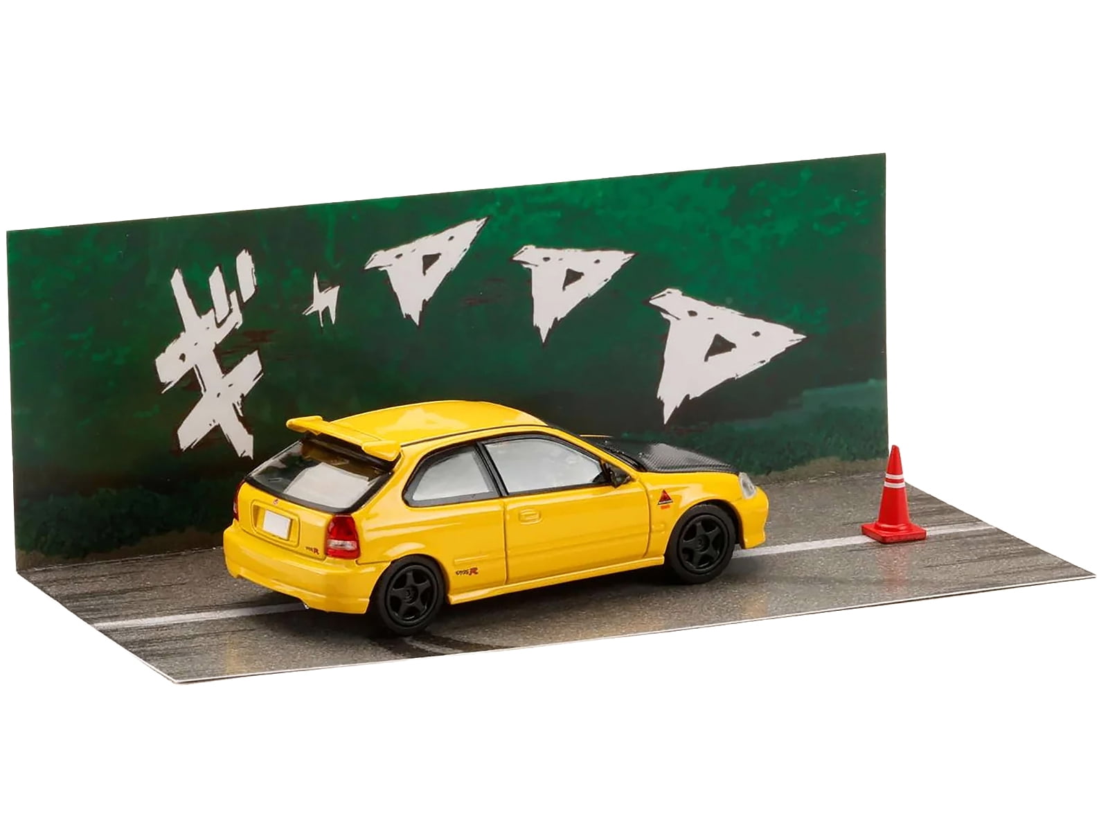 Honda Civic (EK9) RHD Yellow with Carbon Hood "Initial D" (1995-2013) Manga 1/64 Diecast Model Car by Hobby Japan