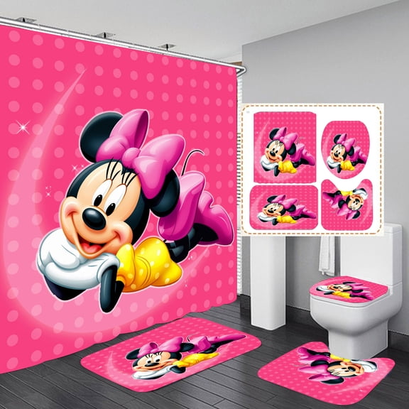 Minnie Shower Curtain Bathroom 4 Pieces Set Toilet Lid Cover and Bath Mat, Non-Slip Rugs Durable and Waterproof, for Bathroom Decor Set, 72" x 72"