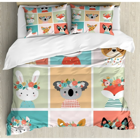 Floral Duvet Cover Set Queen Size, Various Animals with Clothes in Squares with Flowers on Head Spring Time Influences, Decorative 3 Piece Bedding Set with 2 Pillow Shams, Multicolor, by Ambesonne
