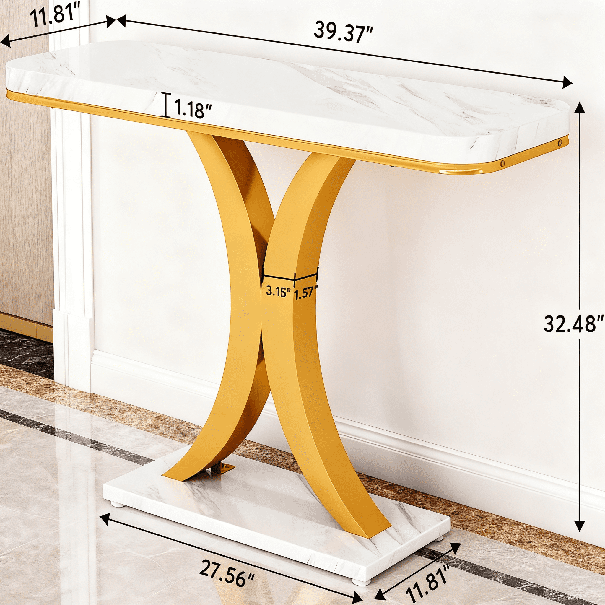 39.4" Industrial Console Table - Rustic Brown Wood Grain with Curved Edge, Heavy-Duty Geometric Base, Narrow Entryway Table for Living Room, Hallway & Foyer
