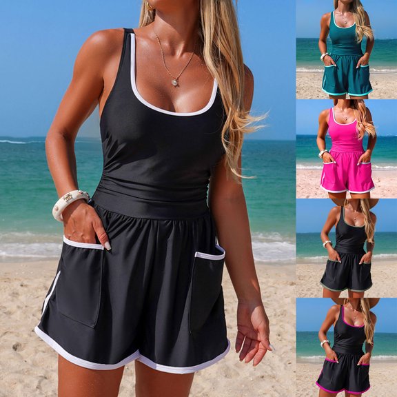 larppty Women's Athletic Quick-Dry One-Piece Swimsuit - Tank Style With Side Pockets Slim-Fit Swim & Beach Wear(Black, L)