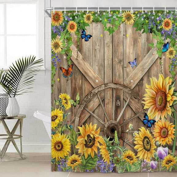 Rustic Barn Door Shower Curtain, Farmhouse Western Spring Sunflower Floral Butterfly Bath Shower Curtain Set, Wooden Board Brown Bath Curtain for Bathroom with Hooks, 72X72in