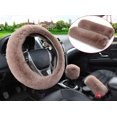thumbnail image 1 of Pinbola 5Pcs In 1 Set Faux Wool Steering Wheel Cover Soft Fluffy Handbrake Cover & Gear Shift Cover & 2Pcs Seat Belt Shoulder Pads Warm Universal Fit For 15 Inch (Tan), 1 of 1