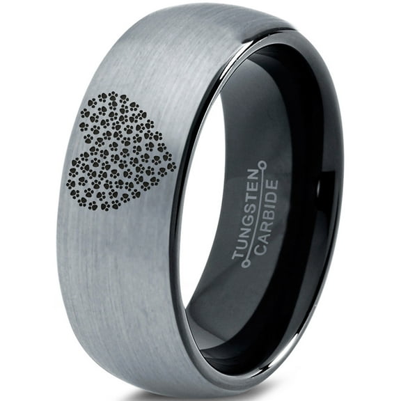Tungsten Bear Paw Heart Shaped Emoji Band Ring 8mm Men Women Comfort Fit Black Dome Brushed Gray Polished