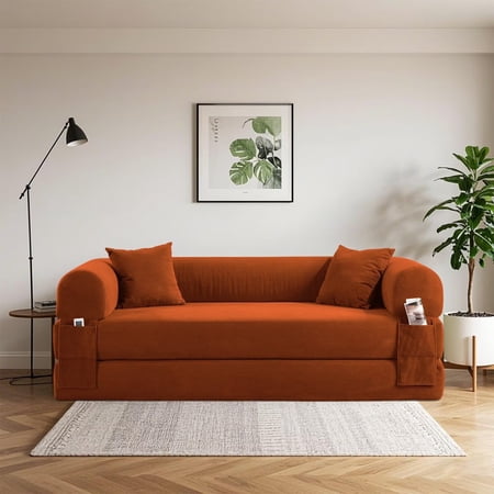 Folding Sofa Bed, Convertible Sleeper Floor Couch with 2 Pillows, Foldable Foam Mattress for Living Room/Dorm/Guest Room/Apartment/Small Space