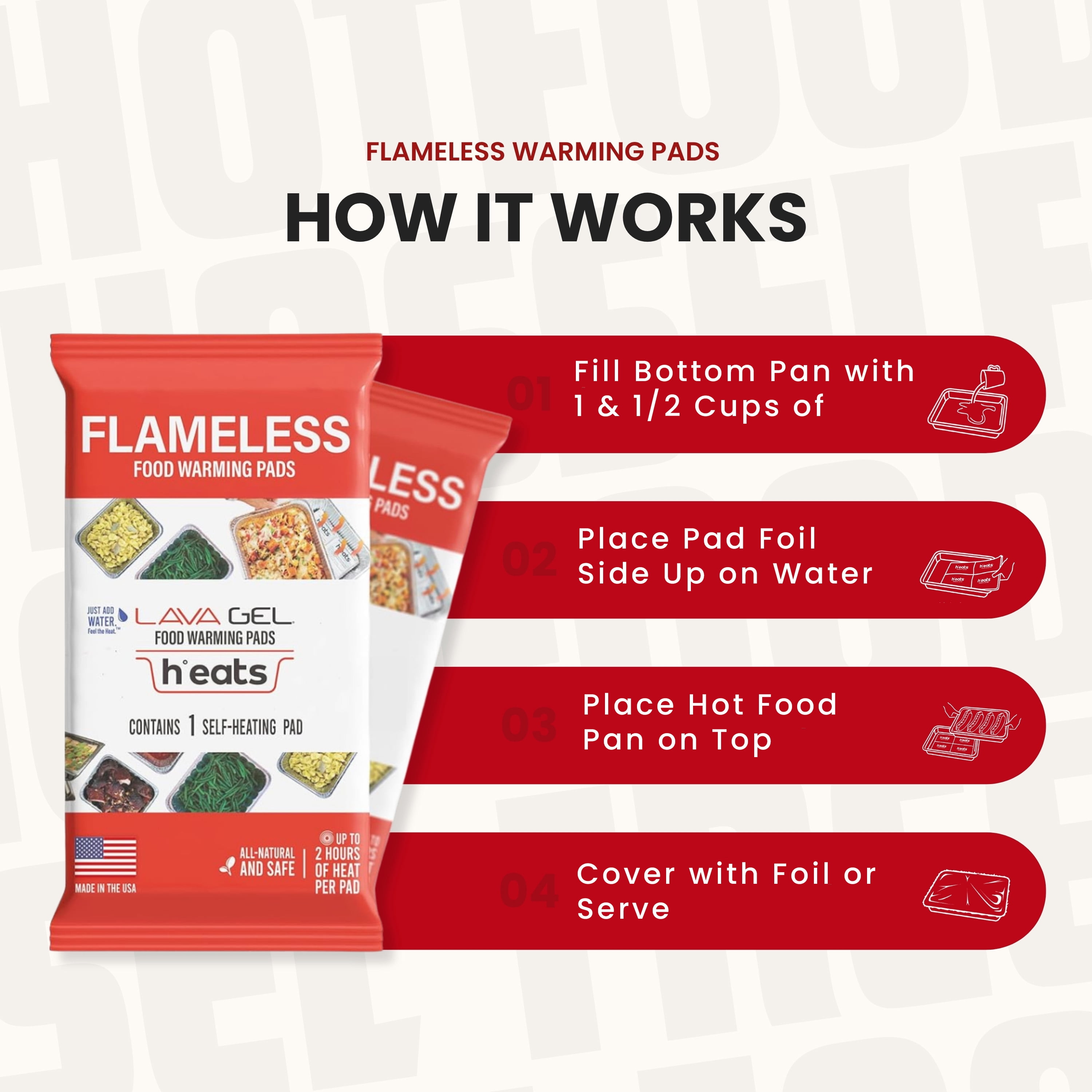 Lava Gel Flameless Food Warming Pads, Half Size 8.5 x 10", Portable Self-Heating Disposable Food Warmer, Pack of 2