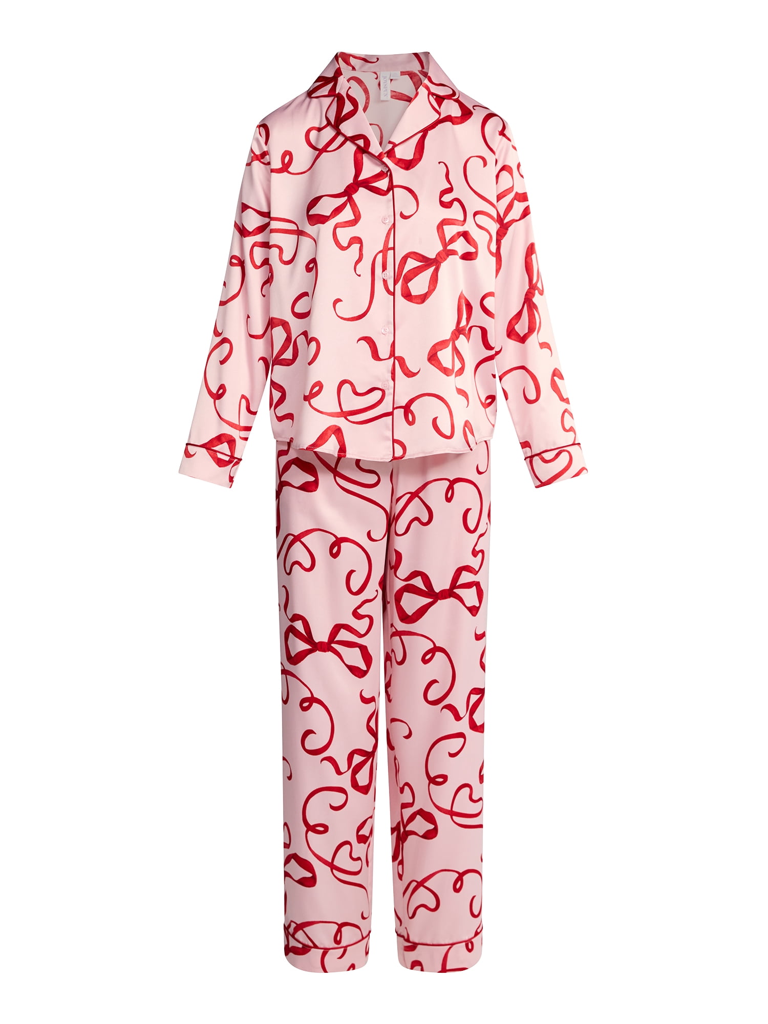 Joyspun Women’s Stretch Satin Notch Long Sleeve Top and Pants Pajama Set, 2-Piece, Sizes XS-3X