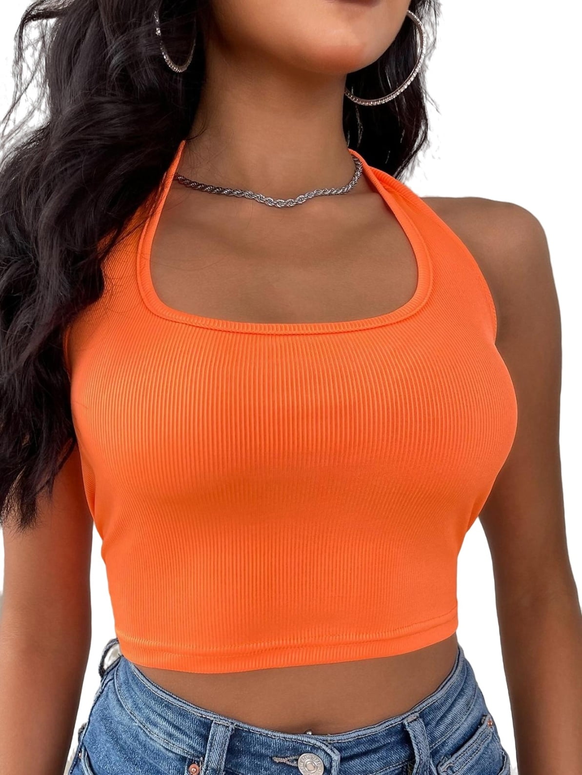 Plus Size Seamless Ribbed Knit Mock Neck Tank Top - Orange