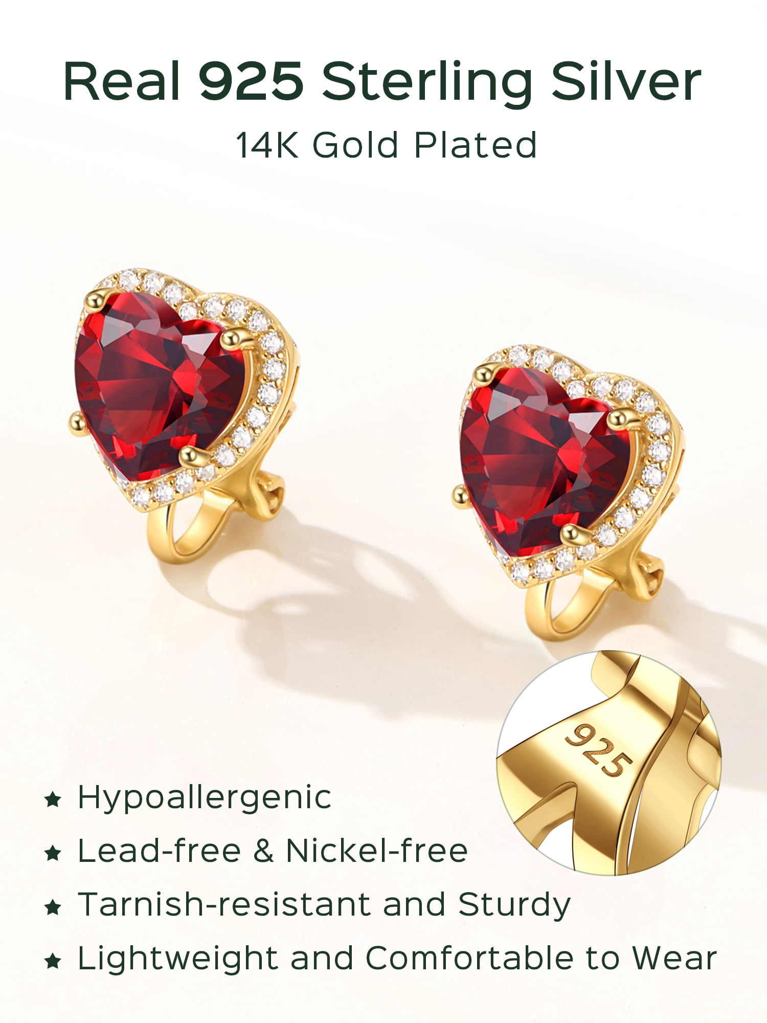 ChicSilver 925 Sterling Silver Non-Pierced Stud Earrings January Birthstone Clip-on Earrings for Women 14K Gold Plated