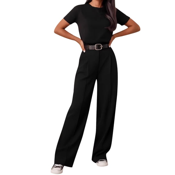Maqroz Womens Dress Pants for Work Business Casual High Waisted Dressy Pants Flowy Trousers Office Wide Leg Pants Long Straight Suit Pants with Pockets Black S