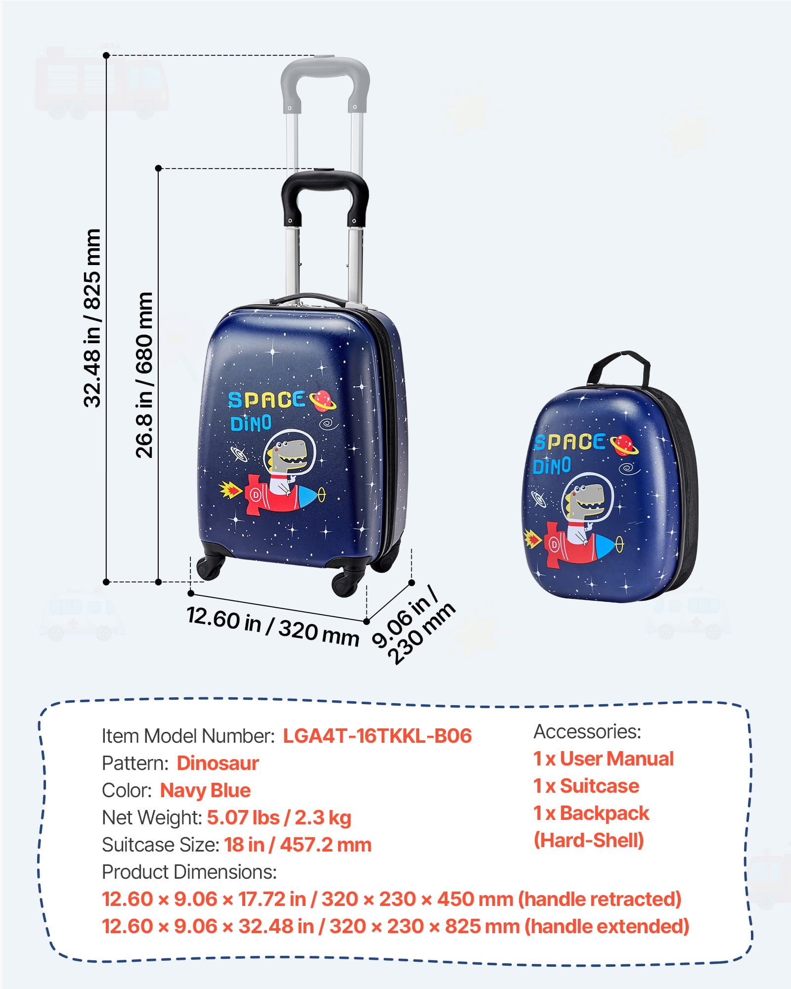 VEVOR Kids Luggage Set, 2 Piece, 18 Inch Hardside Rolling Wheels Suitcase with Hard-Shell Backpack, Dinosaur Kids Carry on Luggage Set, Holiday Birthday Gift for Girls & Boys, Airline Approved