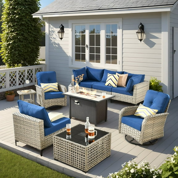 Vcatnet 9 Pieces Outdoor Patio Furniture Set Sectional Sofa with 42" Fire Pit Wicker Conversation Set with Swivel Rocking Chairs and Solar Powered Coffee Table for Porch,Backyard,Navy Blue