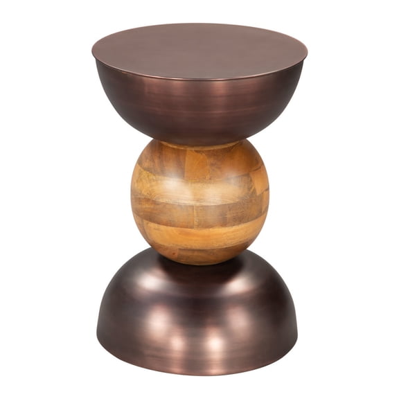 HomeRoots 556505 20 in. Bronze & Brown Iron & Solid Wood Round Pedestal End Table