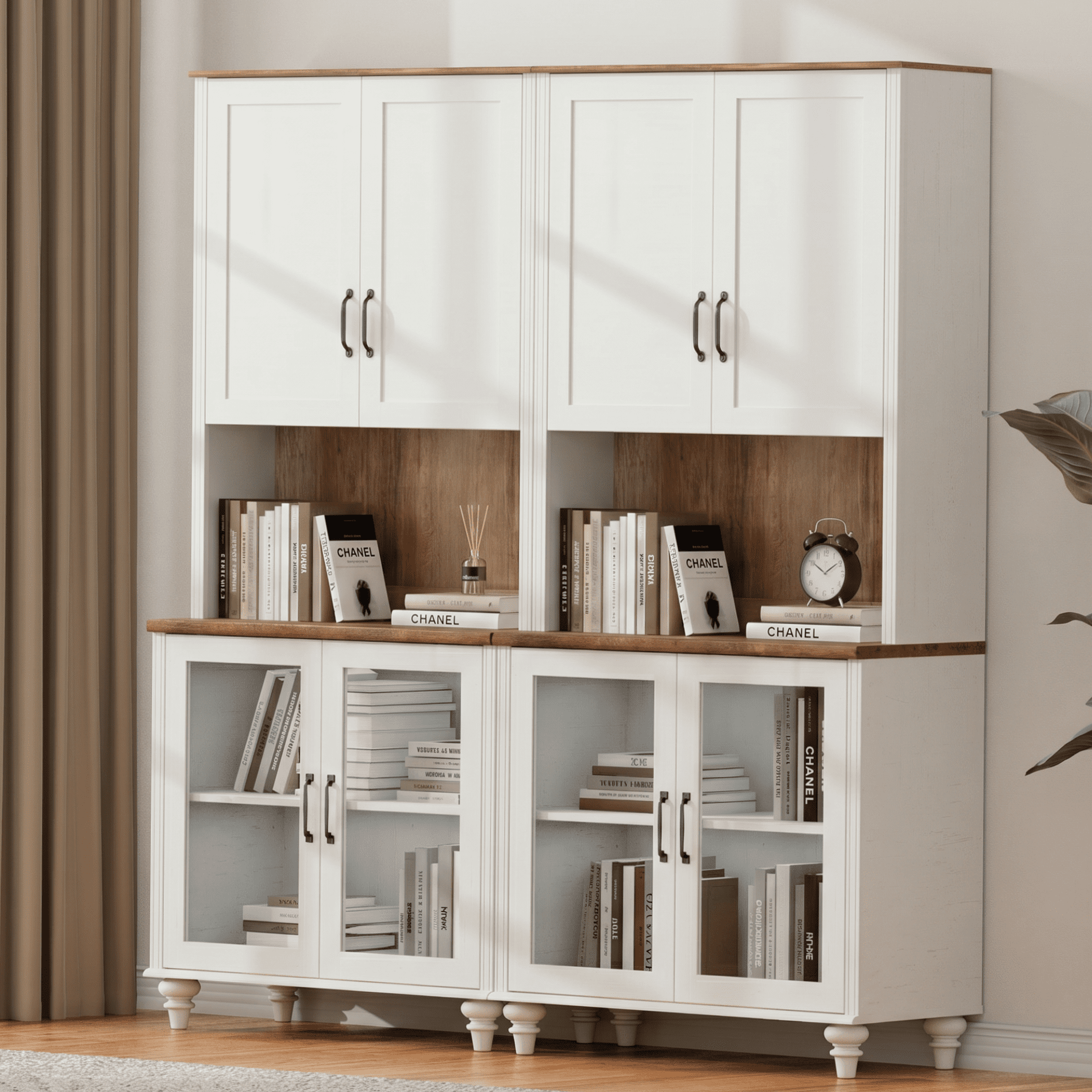 White 5-Tier Bookcase with Glass Doors and Adjustable Shelf, Large Library Wooden Bookshelves for Living Room, Office, Study Room
