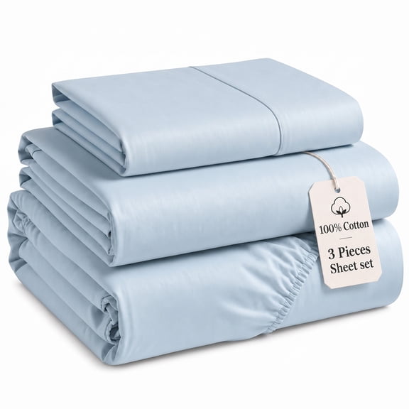 Linnene 3 Piece Twin Sheets Set, 100% Long-Staple Cotton, Soft, Smooth & Silky Sateen, Fits up to 18", All Season Use (Sky Blue)