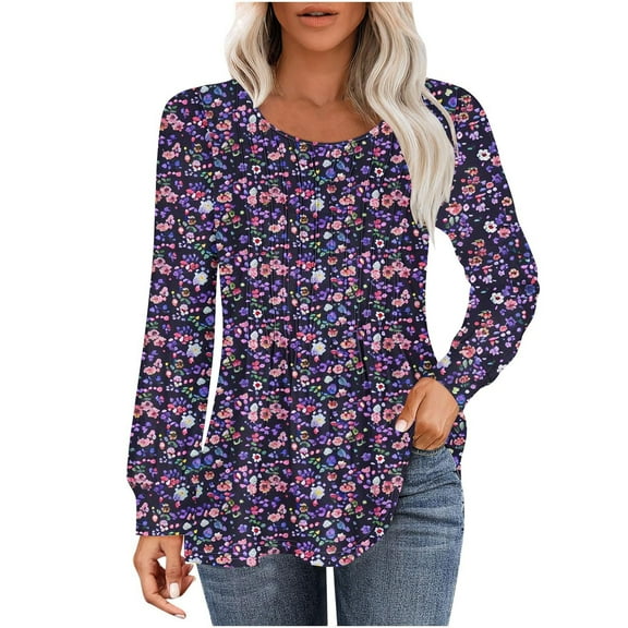 LYXSSBYX Long Sleeve Shirts for Women Women's Casual Fashion Loose Pleated Round Neck Printed Long Sleeve Top