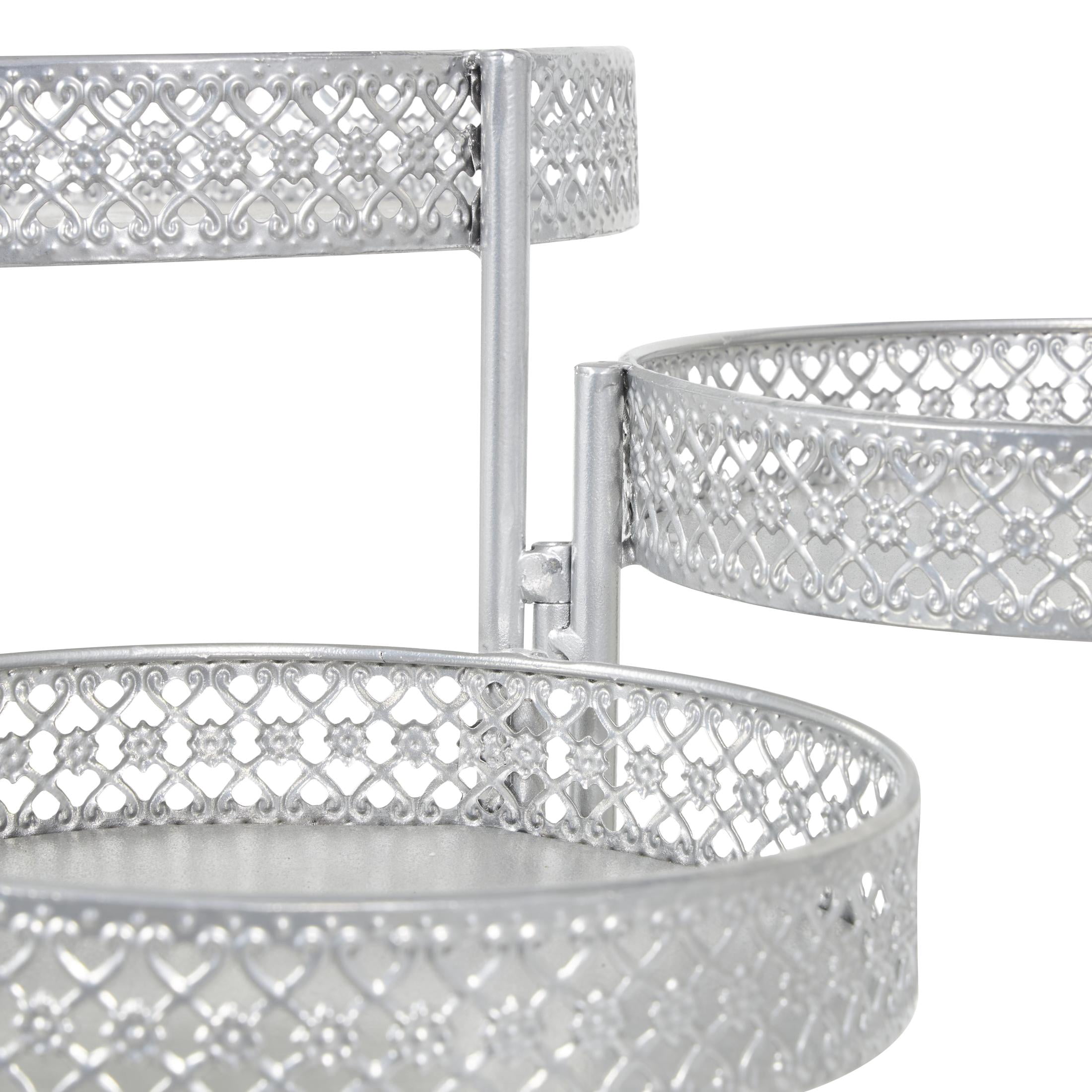 DecMode 17" x 17" x 20" 3 Tier Silver Metal Curved Folding Plantstand with Floral and Scroll Patterns
