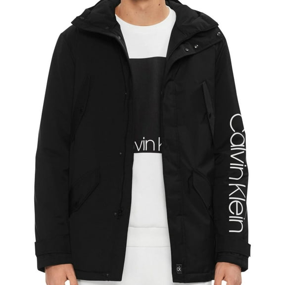 Calvin Klein Mens Hooded Water Resistant Jacket, Black, Large